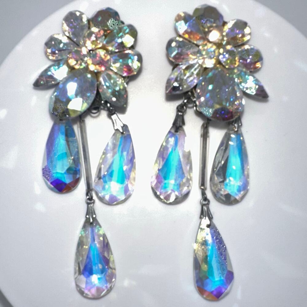 Eva K. silver tone AB aurora borealis glass rhinestones dangle clip on earrings - Picture 2 of 8